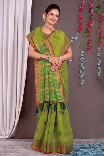 Sareeexotica Women'S Cotton Jacquard Saree Meenakari Zaributta Chit Pallu Popat Green Color Saree