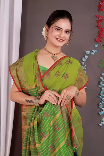 Sareeexotica Women'S Cotton Jacquard Saree Meenakari Zaributta Chit Pallu Popat Green Color Saree