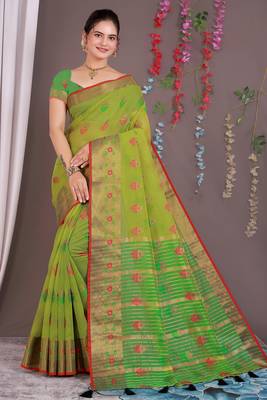 Sareeexotica Women'S Cotton Jacquard Saree Meenakari Zaributta Chit Pallu Popat Green Color Saree 1
