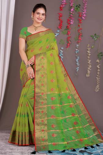 Sareeexotica Women'S Cotton Jacquard Saree Meenakari Zaributta Chit Pallu Popat Green Color Saree