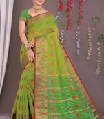 Sareeexotica Women'S Cotton Jacquard Saree Meenakari Zaributta Chit Pallu Popat Green Color Saree