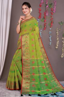 Sareeexotica Women'S Cotton Jacquard Saree Meenakari Zaributta Chit Pallu Popat Green Color Saree 2