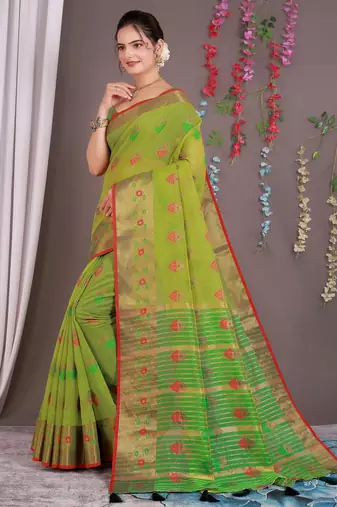 Sareeexotica Women'S Cotton Jacquard Saree Meenakari Zaributta Chit Pallu Popat Green Color Saree