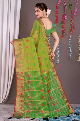 Sareeexotica Women'S Cotton Jacquard Saree Meenakari Zaributta Chit Pallu Popat Green Color Saree
