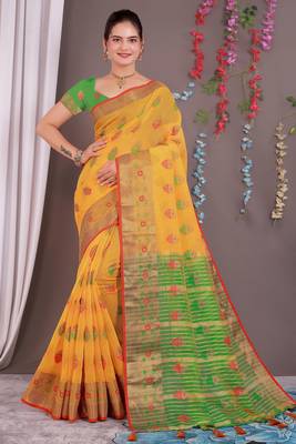 Sareeexotica Women'S Cotton Jacquard Saree Meenakari Zaributta Chit Pallu Yellow Color Saree 1