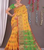 Sareeexotica Women'S Cotton Jacquard Saree Meenakari Zaributta Chit Pallu Yellow Color Saree