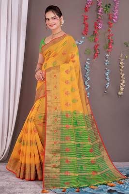 Sareeexotica Women'S Cotton Jacquard Saree Meenakari Zaributta Chit Pallu Yellow Color Saree 2