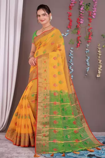 Sareeexotica Women'S Cotton Jacquard Saree Meenakari Zaributta Chit Pallu Yellow Color Saree
