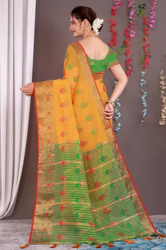 Sareeexotica Women'S Cotton Jacquard Saree Meenakari Zaributta Chit Pallu Yellow Color Saree