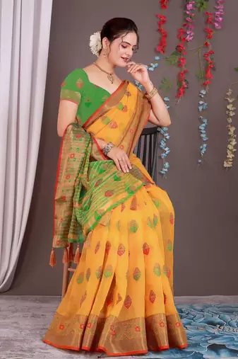 Sareeexotica Women'S Cotton Jacquard Saree Meenakari Zaributta Chit Pallu Yellow Color Saree