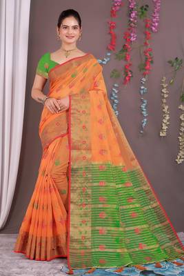 Sareeexotica Women'S Cotton Jacquard Saree Meenakari Zaributta Chit Pallu Orange Color Saree 1