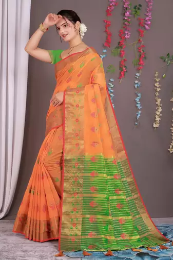 Sareeexotica Women'S Cotton Jacquard Saree Meenakari Zaributta Chit Pallu Orange Color Saree