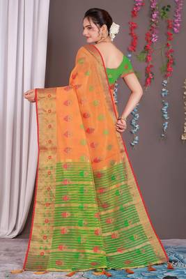 Sareeexotica Women'S Cotton Jacquard Saree Meenakari Zaributta Chit Pallu Orange Color Saree 3