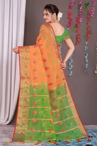 Sareeexotica Women'S Cotton Jacquard Saree Meenakari Zaributta Chit Pallu Orange Color Saree