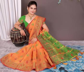 Sareeexotica Women'S Cotton Jacquard Saree Meenakari Zaributta Chit Pallu Orange Color Saree 4
