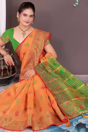 Sareeexotica Women'S Cotton Jacquard Saree Meenakari Zaributta Chit Pallu Orange Color Saree