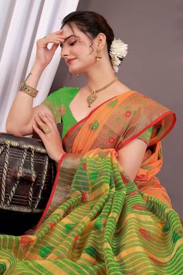Sareeexotica Women'S Cotton Jacquard Saree Meenakari Zaributta Chit Pallu Orange Color Saree 5