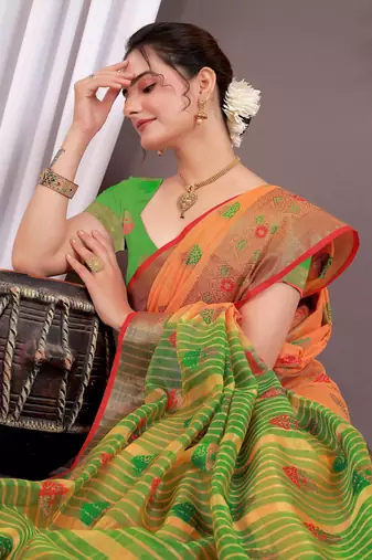 Sareeexotica Women'S Cotton Jacquard Saree Meenakari Zaributta Chit Pallu Orange Color Saree