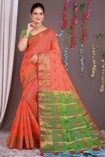 Sareeexotica Women'S Cotton Jacquard Saree Meenakari Zaributta Chit Pallu Gajari Color Saree