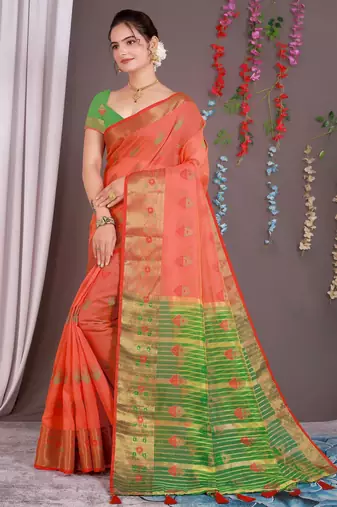 Sareeexotica Women'S Cotton Jacquard Saree Meenakari Zaributta Chit Pallu Gajari Color Saree