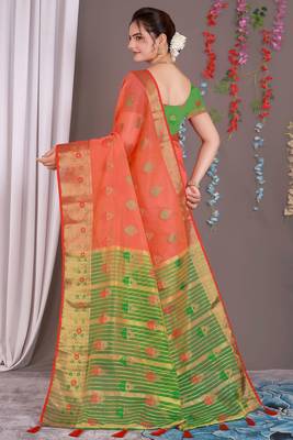 Sareeexotica Women'S Cotton Jacquard Saree Meenakari Zaributta Chit Pallu Gajari Color Saree 3