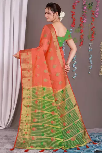 Sareeexotica Women'S Cotton Jacquard Saree Meenakari Zaributta Chit Pallu Gajari Color Saree