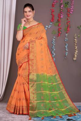 Sareeexotica Women'S Cotton Jacquard Saree Meenakari Zaributta Chit Pallu Orange Color Saree 1