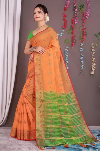 Sareeexotica Women'S Cotton Jacquard Saree Meenakari Zaributta Chit Pallu Orange Color Saree