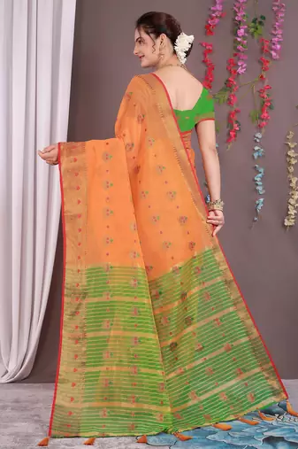 Sareeexotica Women'S Cotton Jacquard Saree Meenakari Zaributta Chit Pallu Orange Color Saree