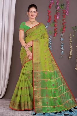 Sareeexotica Women'S Cotton Jacquard Saree Meenakari Zaributta Chit Pallu Popat Green Color Saree 1