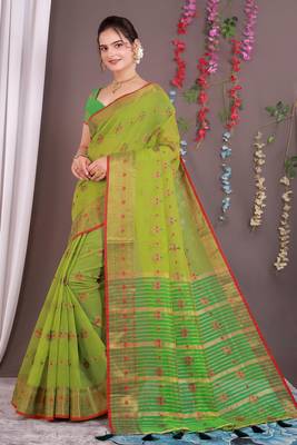 Sareeexotica Women'S Cotton Jacquard Saree Meenakari Zaributta Chit Pallu Popat Green Color Saree 2