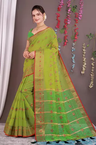 Sareeexotica Women'S Cotton Jacquard Saree Meenakari Zaributta Chit Pallu Popat Green Color Saree