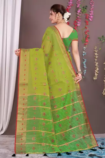 Sareeexotica Women'S Cotton Jacquard Saree Meenakari Zaributta Chit Pallu Popat Green Color Saree