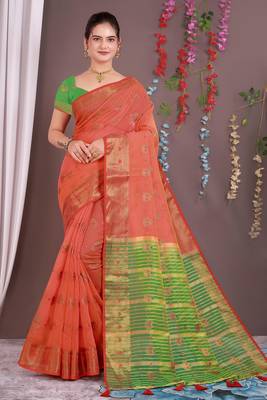 Sareeexotica Women'S Cotton Jacquard Saree Meenakari Zaributta Chit Pallu Gajari Color Saree 1