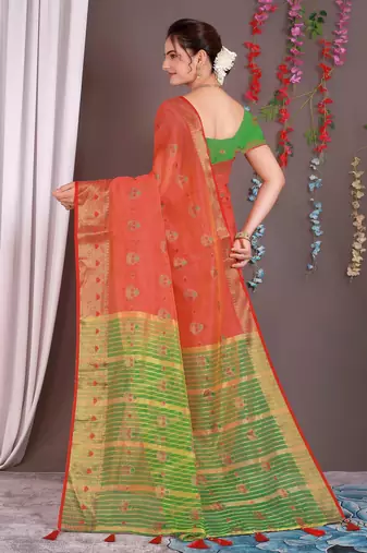 Sareeexotica Women'S Cotton Jacquard Saree Meenakari Zaributta Chit Pallu Gajari Color Saree