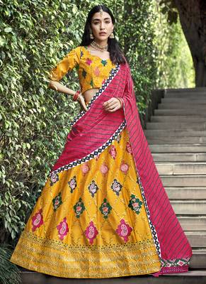 Mesmerizing Yellow Colored Thread & Sequins Embroidered Silk Lehenga choli with Pink Maslin Cotton Fabric Dupatta 1