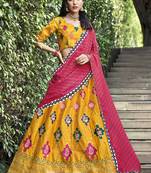 Mesmerizing Yellow Colored Thread & Sequins Embroidered Silk Lehenga choli with Pink Maslin Cotton Fabric Dupatta
