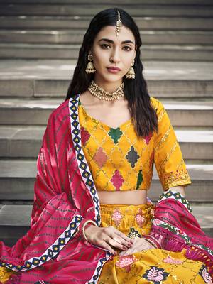 Mesmerizing Yellow Colored Thread & Sequins Embroidered Silk Lehenga choli with Pink Maslin Cotton Fabric Dupatta 2
