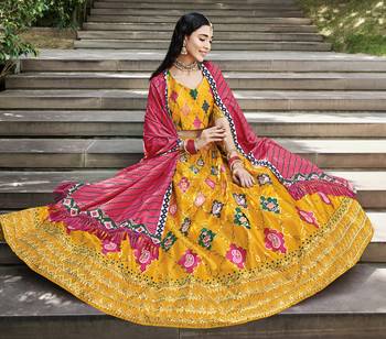 Mesmerizing Yellow Colored Thread & Sequins Embroidered Silk Lehenga choli with Pink Maslin Cotton Fabric Dupatta 4