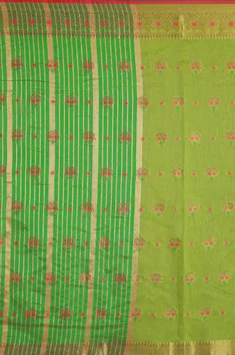 Sareeexotica Women'S Cotton Jacquard Saree Meenakari Zaributta Chit Pallu Popat Green Color Saree
