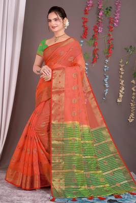 Sareeexotica Women'S Cotton Jacquard Saree Meenakari Zaributta Chit Pallu Gajari Color Saree 3