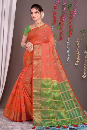 Sareeexotica Women'S Cotton Jacquard Saree Meenakari Zaributta Chit Pallu Gajari Color Saree