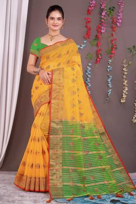 Sareeexotica Women'S Cotton Jacquard Saree Meenakari Zaributta Chit Pallu Yellow Color Saree 1