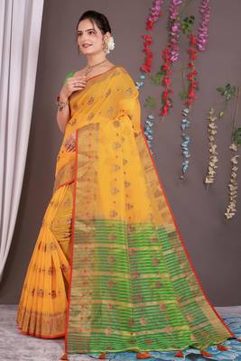Sareeexotica Women'S Cotton Jacquard Saree Meenakari Zaributta Chit Pallu Yellow Color Saree 2
