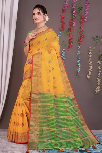 Sareeexotica Women'S Cotton Jacquard Saree Meenakari Zaributta Chit Pallu Yellow Color Saree