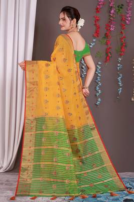 Sareeexotica Women'S Cotton Jacquard Saree Meenakari Zaributta Chit Pallu Yellow Color Saree 3