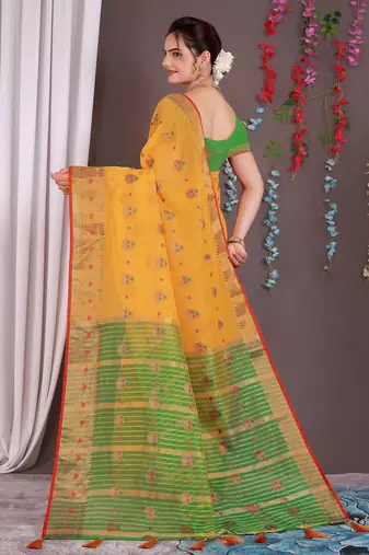 Sareeexotica Women'S Cotton Jacquard Saree Meenakari Zaributta Chit Pallu Yellow Color Saree
