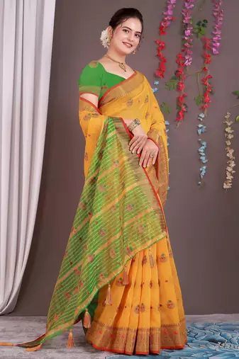 Sareeexotica Women'S Cotton Jacquard Saree Meenakari Zaributta Chit Pallu Yellow Color Saree