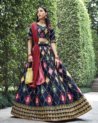 Glamorous Navy Blue Colored Thread & Sequins Embroidered Silk Lehenga choli with Pink Chinon Fabric Dupatta 1
