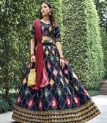 Glamorous Navy Blue Colored Thread & Sequins Embroidered Silk Lehenga choli with Pink Chinon Fabric Dupatta